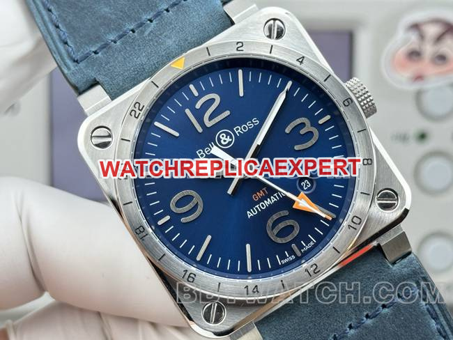 top-tier watch Bellis blue dial 42mm dual time zone leather strap model front live photo