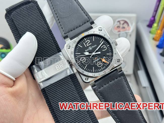 collectible watch Bell & Ross black dial 42mm dual time zone leather strap model front live photo