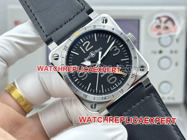 collectible watch Bell & Ross black dial 42mm dual time zone leather strap model front live photo