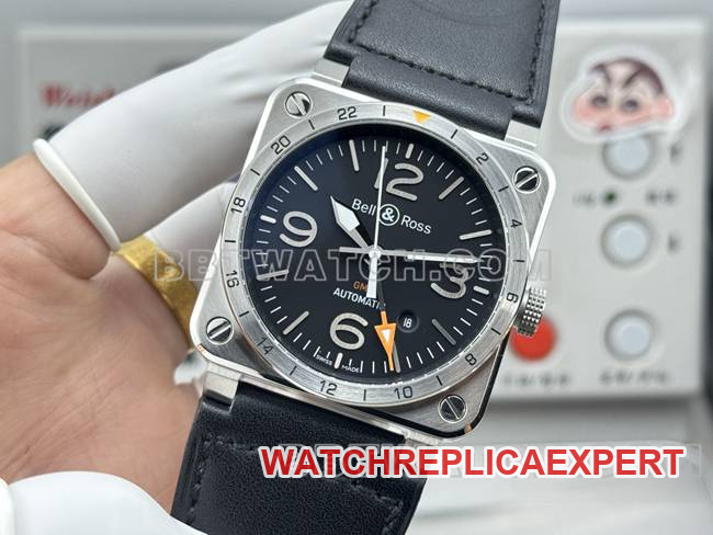 collectible watch Bell & Ross black dial 42mm dual time zone leather strap model front live photo