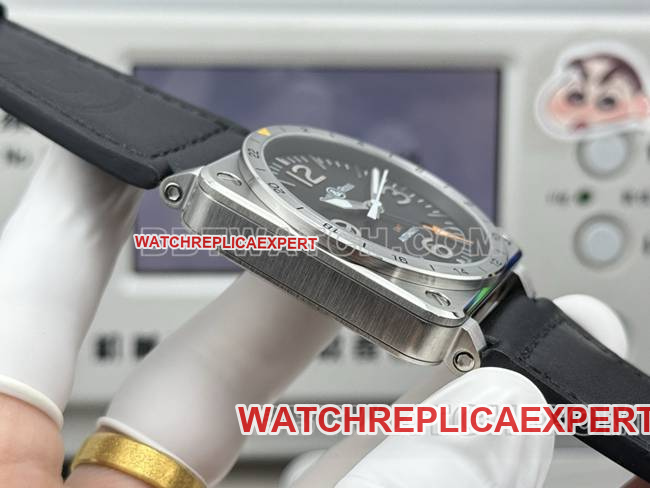 collectible watch Bell & Ross black dial 42mm dual time zone leather strap model side live photo