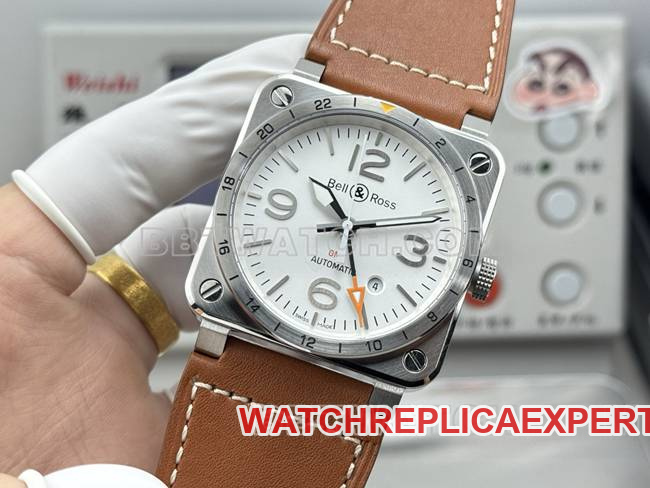 1:1replica watch Bell & Ross white dial 42mm dual time zone leather strap model front live photo