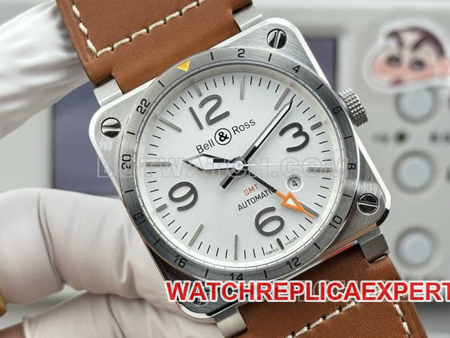 1:1replica watch Bell & Ross white dial 42mm dual time zone leather strap model front live photo