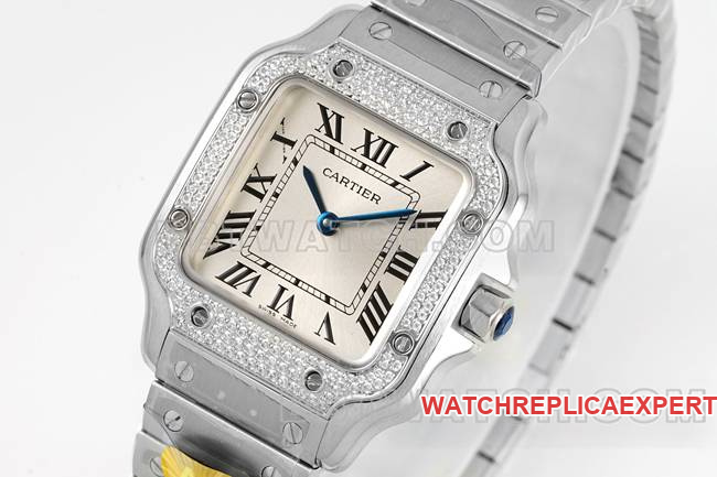 top-tier watch Santos Cartiersilver dialdiamond bezelquartz movementfront live photo
