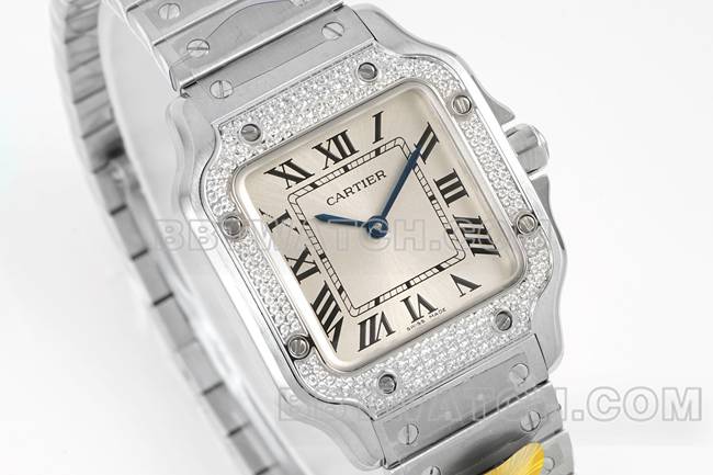 top-tier watch Santos Cartiersilver dialdiamond bezelquartz movementfront live photo
