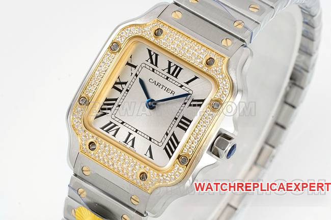 1:1replica watch Santos Cartiersilver dialyellow gold set with diamond bezelquartz movementfront live photo