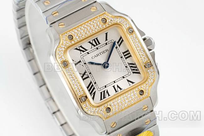 1:1replica watch Santos Cartiersilver dialyellow gold set with diamond bezelquartz movementfront live photo