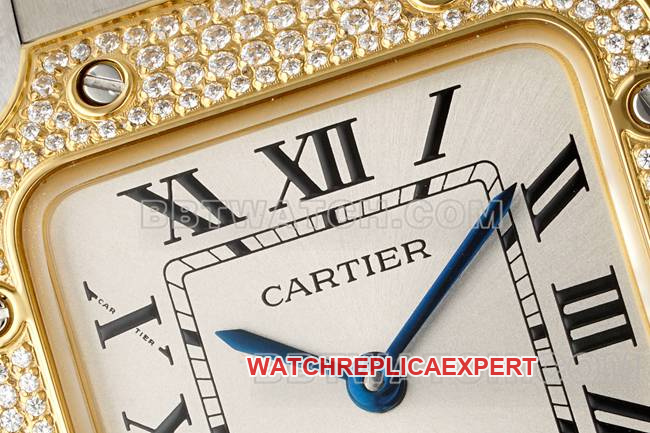 1:1replica watch Santos Cartiersilver dialyellow gold set with diamond bezelquartz movementfront live photo