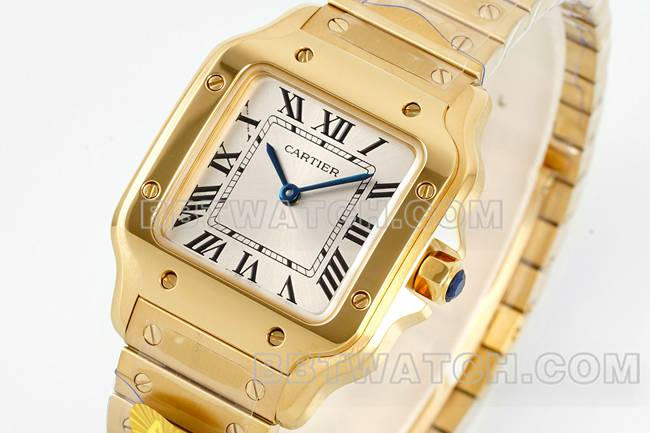 top-tier watch Cartiersilver dial Santos quartz movementyellow goldbraceletfront live photo