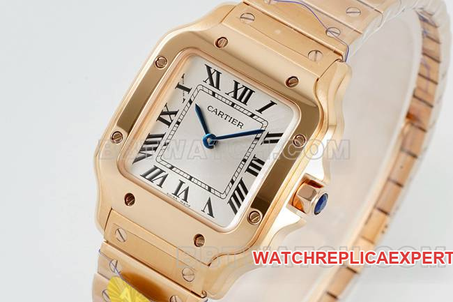 collectible watch Cartiersilver dial Santos quartz movementrose goldbraceletfront live photo
