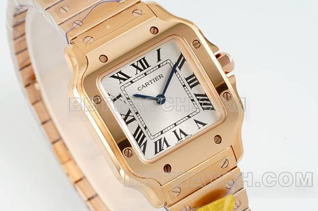 collectible watch Cartiersilver dial Santos quartz movementrose goldbraceletfront live photo