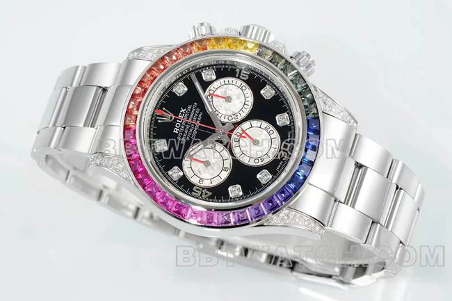 watch DaytonaRX FactoryRolex rainbow diamond bezelblack dial mechanical front live photo