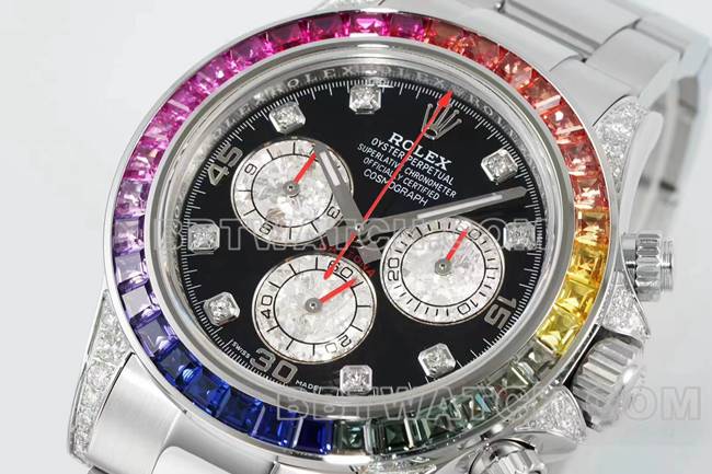 watch DaytonaRX FactoryRolex rainbow diamond bezelblack dial mechanical front live photo