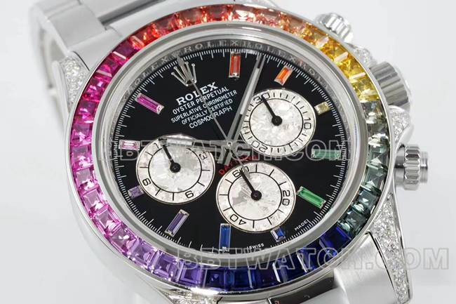 collectible watches DaytonaRX FactoryRolex rainbow diamond bezelblack dial mechanical front live photo