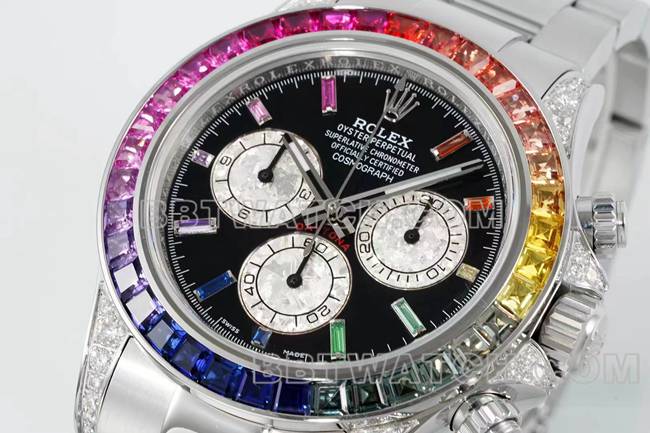 collectible watches DaytonaRX FactoryRolex rainbow diamond bezelblack dial mechanical front live photo