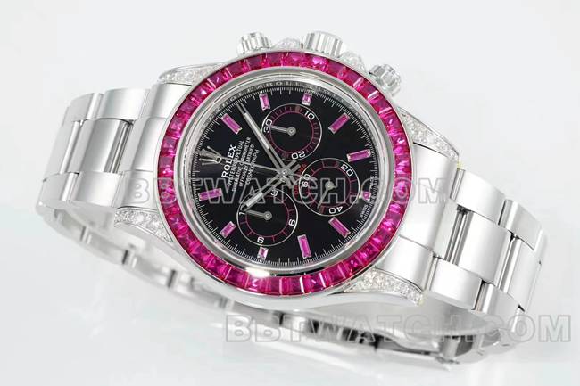 collectible watch DaytonaRX FactoryRolexblack dial pink diamond bezel mechanical front live photo