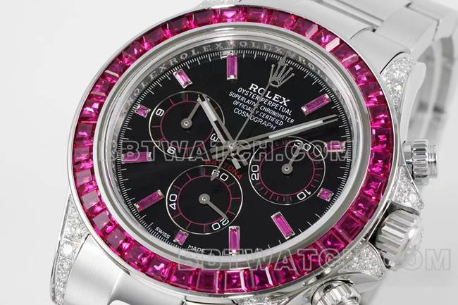 collectible watch DaytonaRX FactoryRolexblack dial pink diamond bezel mechanical front live photo