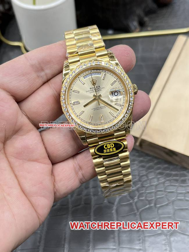 collectible watch CBD factory gold plate RolexDay-Dateyellow golddiamond bezel3255 mechanical front live photo