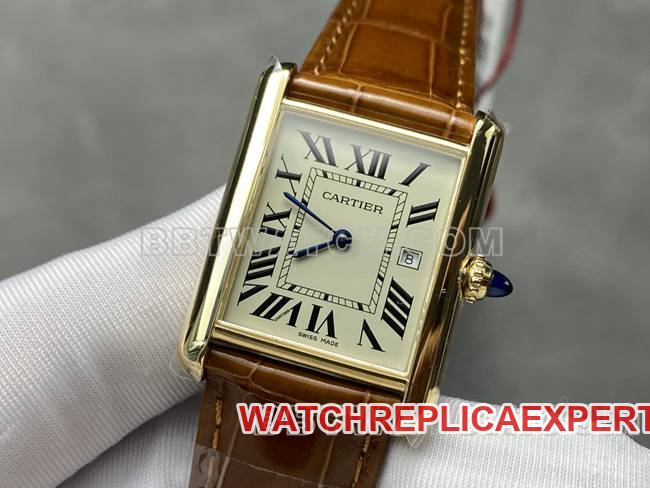 top-tier watch tank DR factory Cartier silver white dialquartz brown leather braceletfront live photo
