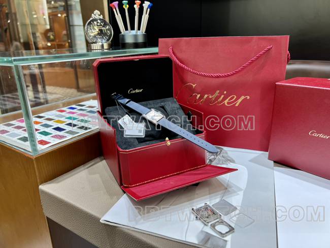 collectible watch tank DR factory Cartier silver white dialdiamond bezelquartz blue leather braceletfront live photo