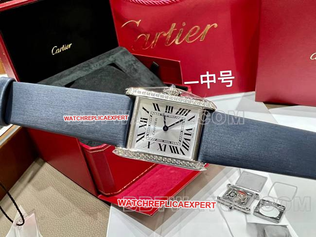 collectible watch tank DR factory Cartier silver white dialdiamond bezelquartz blue leather braceletfront live photo