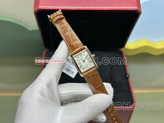 collectible watch tank DR factory Cartier silver white dialquartz gold brown braceletfront live photo
