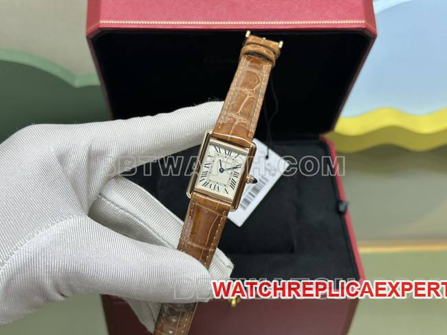 collectible watch tank DR factory Cartier silver white dialquartz gold brown braceletfront live photo