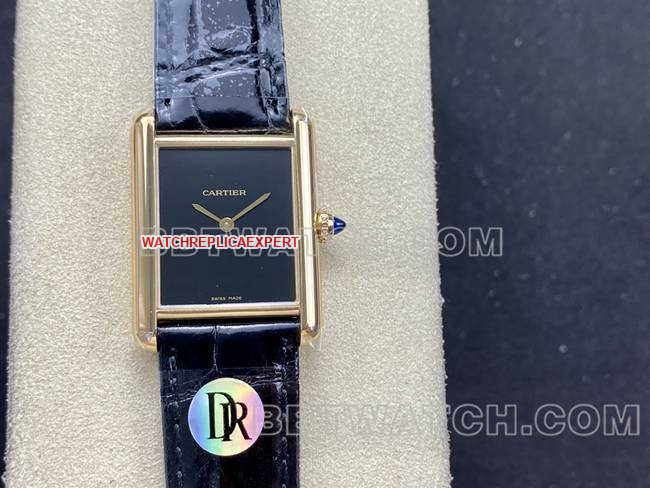 collectible watch DR factory Cartier tank black dial gold case quartz black braceletfront live photo