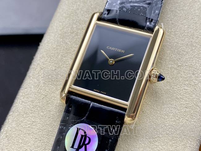 collectible watch DR factory Cartier tank black dial gold case quartz black braceletfront live photo