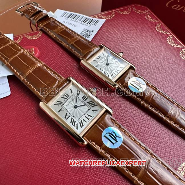 watch DR factory tank Cartier silver gray plate rose gold case quartz brown braceletfront live photo