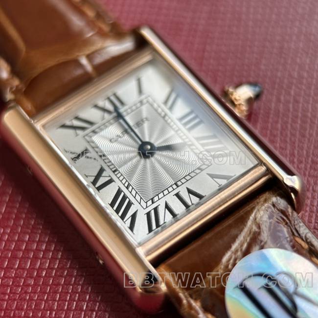 watch DR factory tank Cartier silver gray plate rose gold case quartz brown braceletfront live photo