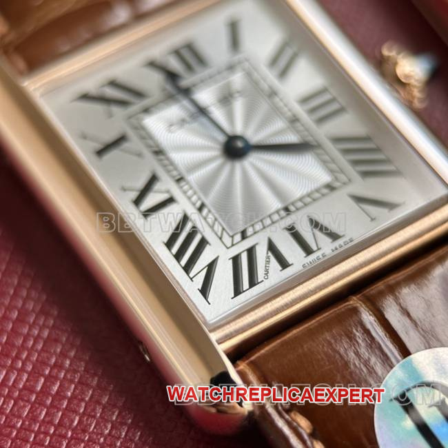 watch DR factory tank Cartier silver gray plate rose gold case quartz brown braceletfront live photo