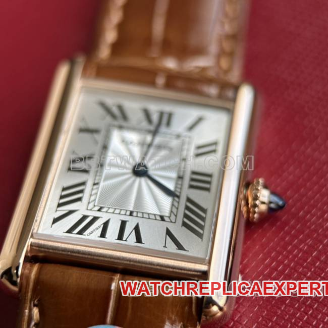 watch DR factory tank Cartier silver gray plate rose gold case quartz brown braceletfront live photo