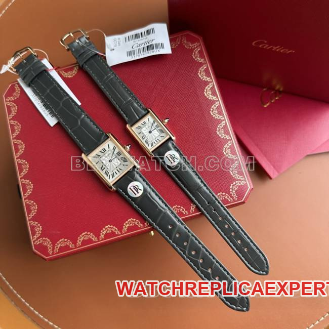 collectible watch DR factory tank Cartier silver gray plate rose gold case quartz black braceletfront live photo