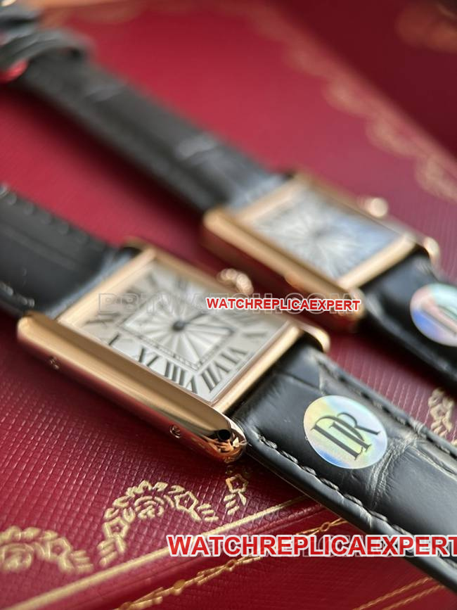 collectible watch DR factory tank Cartier silver gray plate rose gold case quartz black braceletfront live photo