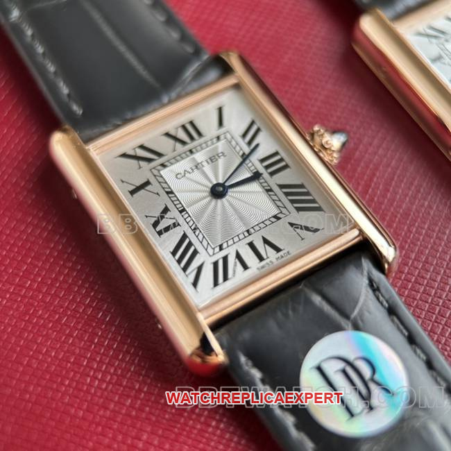 collectible watch DR factory tank Cartier silver gray plate rose gold case quartz black braceletfront live photo