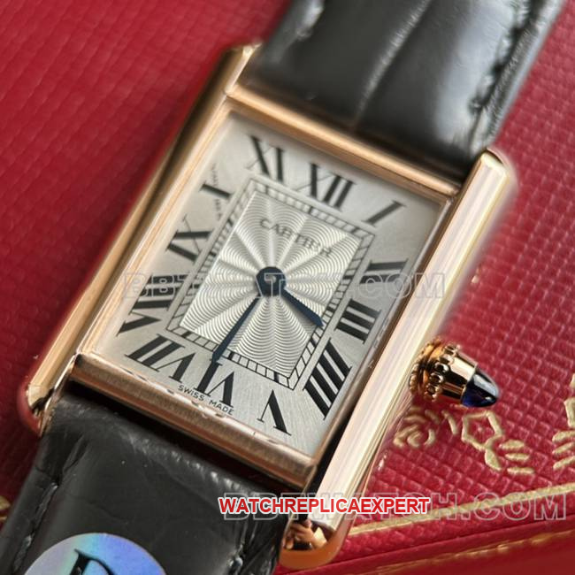collectible watch DR factory tank Cartier silver gray plate rose gold case quartz black braceletfront live photo