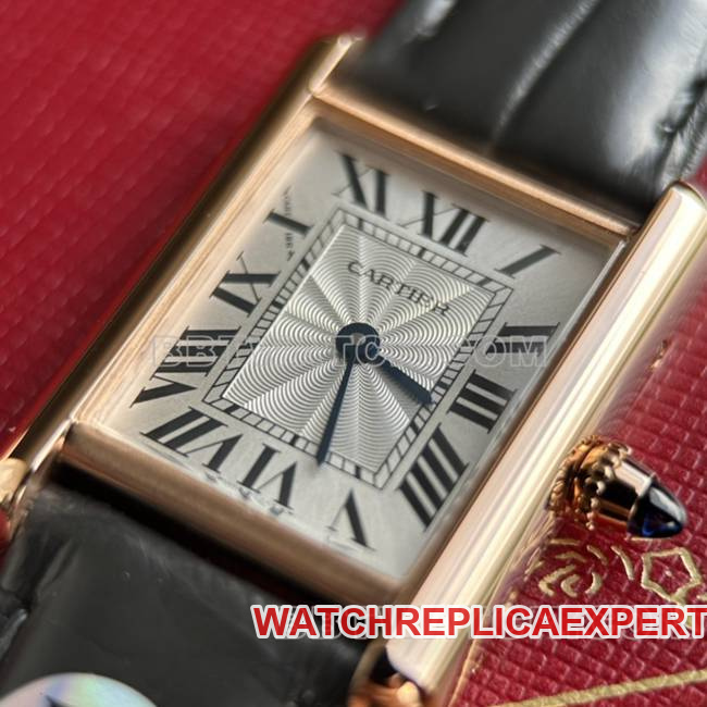 collectible watch DR factory tank Cartier silver gray plate rose gold case quartz black braceletfront live photo