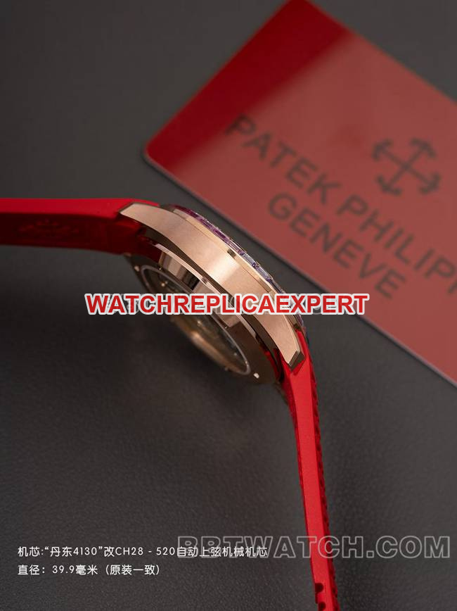 collectible watch Patek PhilippePPM factory Aquanaut mechanical red rubber braceletside live photo