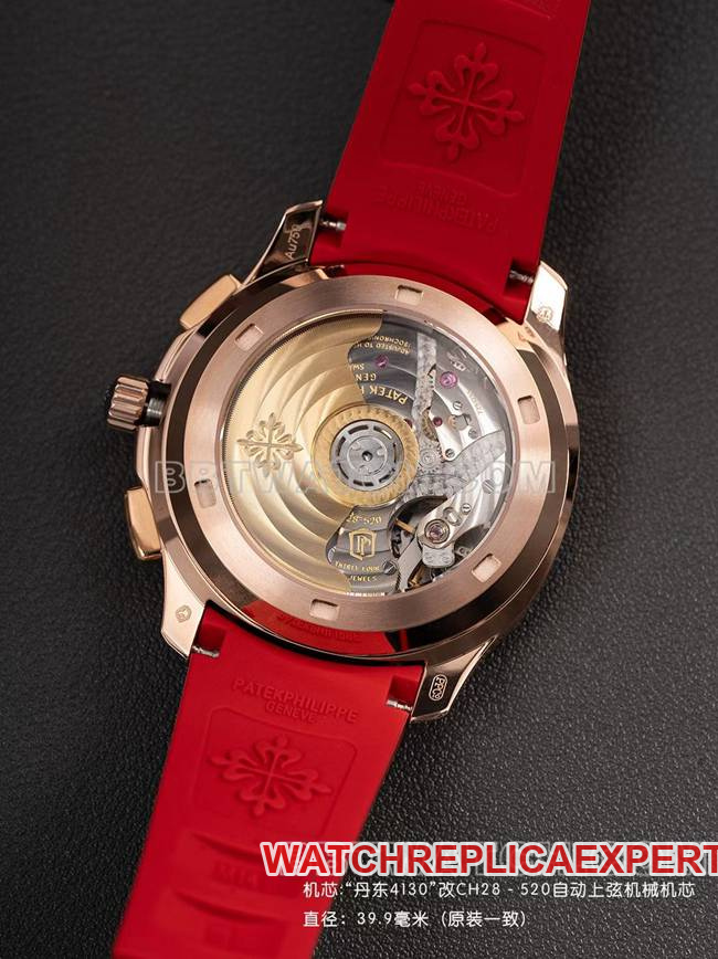 collectible watch Patek PhilippePPM factory Aquanaut mechanical red rubber braceletcaseback live photo