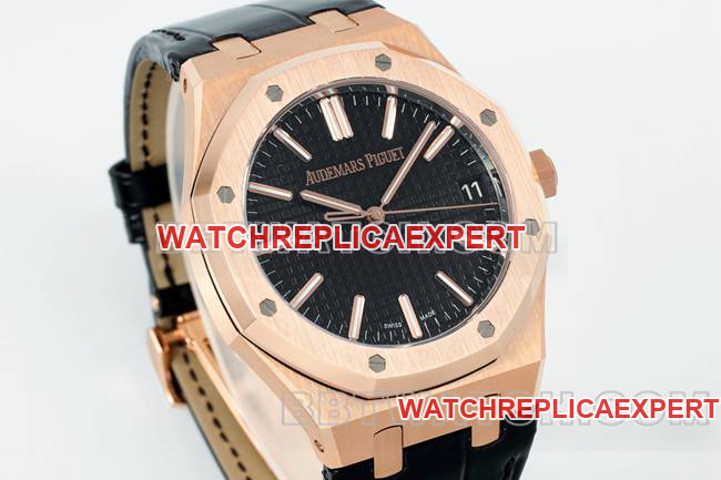collectible watch Royal OakDDF factory Audemars Piguetblack dialrose gold4302 mechanical leather bracelet15510front live photo