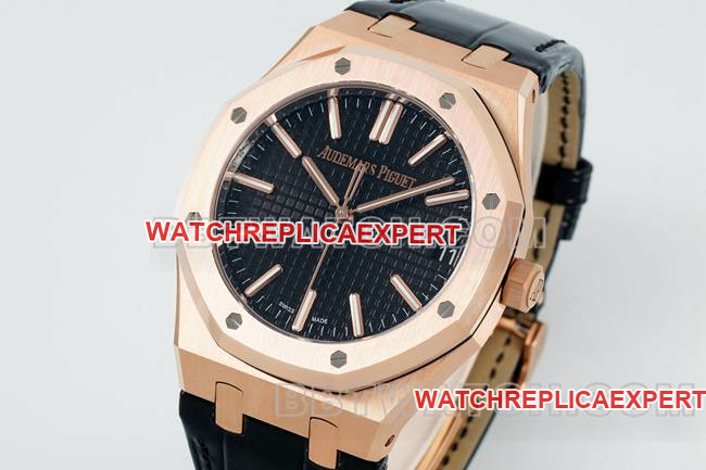 collectible watch Royal OakDDF factory Audemars Piguetblack dialrose gold4302 mechanical leather bracelet15510front live photo