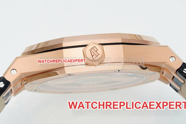 collectible watch Royal OakDDF factory Audemars Piguetblack dialrose gold4302 mechanical leather bracelet15510side live photo