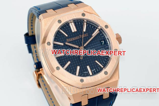 1:1replica watch Royal OakDDF factory Audemars Piguetblue dialrose gold4302 mechanical leather bracelet15510front live photo