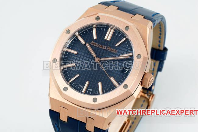 1:1replica watch Royal OakDDF factory Audemars Piguetblue dialrose gold4302 mechanical leather bracelet15510front live photo