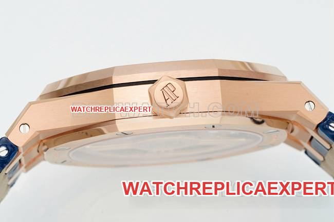 1:1replica watch Royal OakDDF factory Audemars Piguetblue dialrose gold4302 mechanical leather bracelet15510side live photo