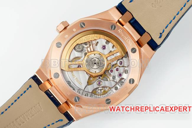 1:1replica watch Royal OakDDF factory Audemars Piguetblue dialrose gold4302 mechanical leather bracelet15510caseback live photo