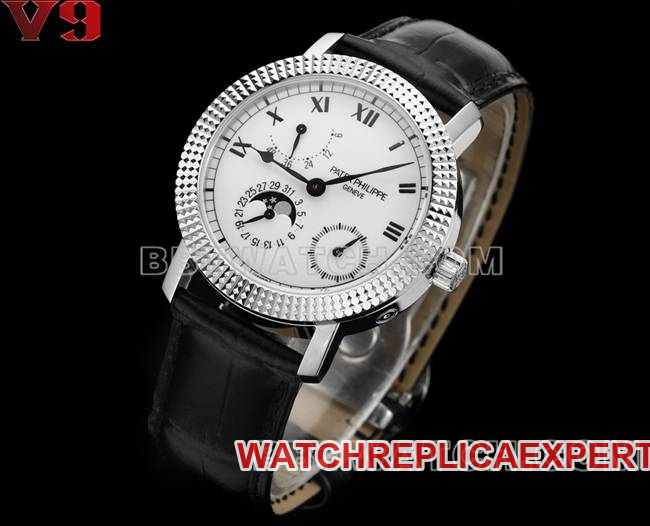 Top watch complex function timepieces V9 Factory Patek Philippe white dial leather strap real shot photo