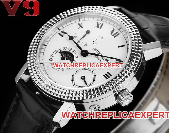 Top watch complex function timepieces V9 Factory Patek Philippe white dial leather strap real shot photo