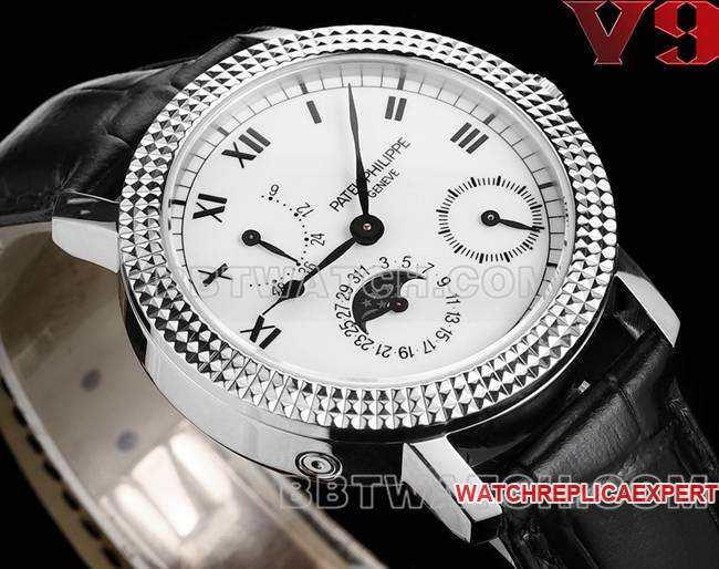 Top watch complex function timepieces V9 Factory Patek Philippe white dial leather strap real shot photo